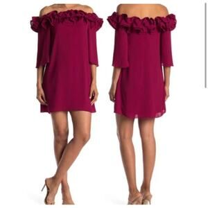 Halston Heritage Flowy Mini Dress Off The Shoulder Ruffle Trim Pink Women’s 2